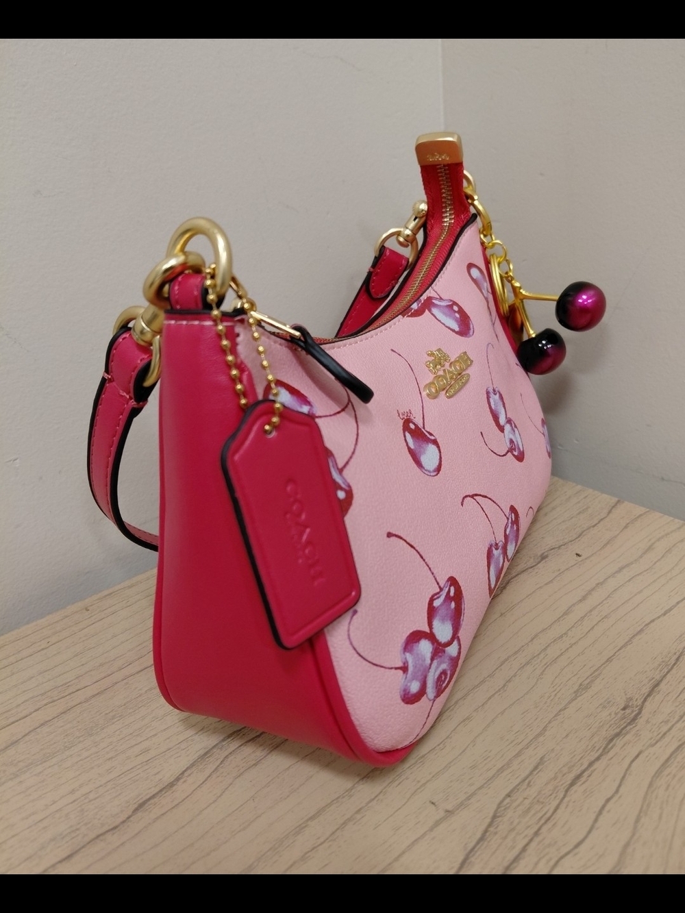 Coach Pink Cherry-Print Mini Shoulder Bag with Gold Hardware - Picture 3 of 7